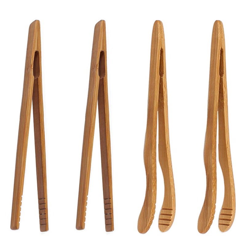 ONERUSUS 4 pack Bamboo Toaster Tongs - 7â€ Reusable Wood Cooking Tongs -Ideal Kitchen Utensil For Cheese Bacon Muffin Fruits Bread- Ultra Grip - Eco-friendly (Yellow-4 pcs) - Image 1